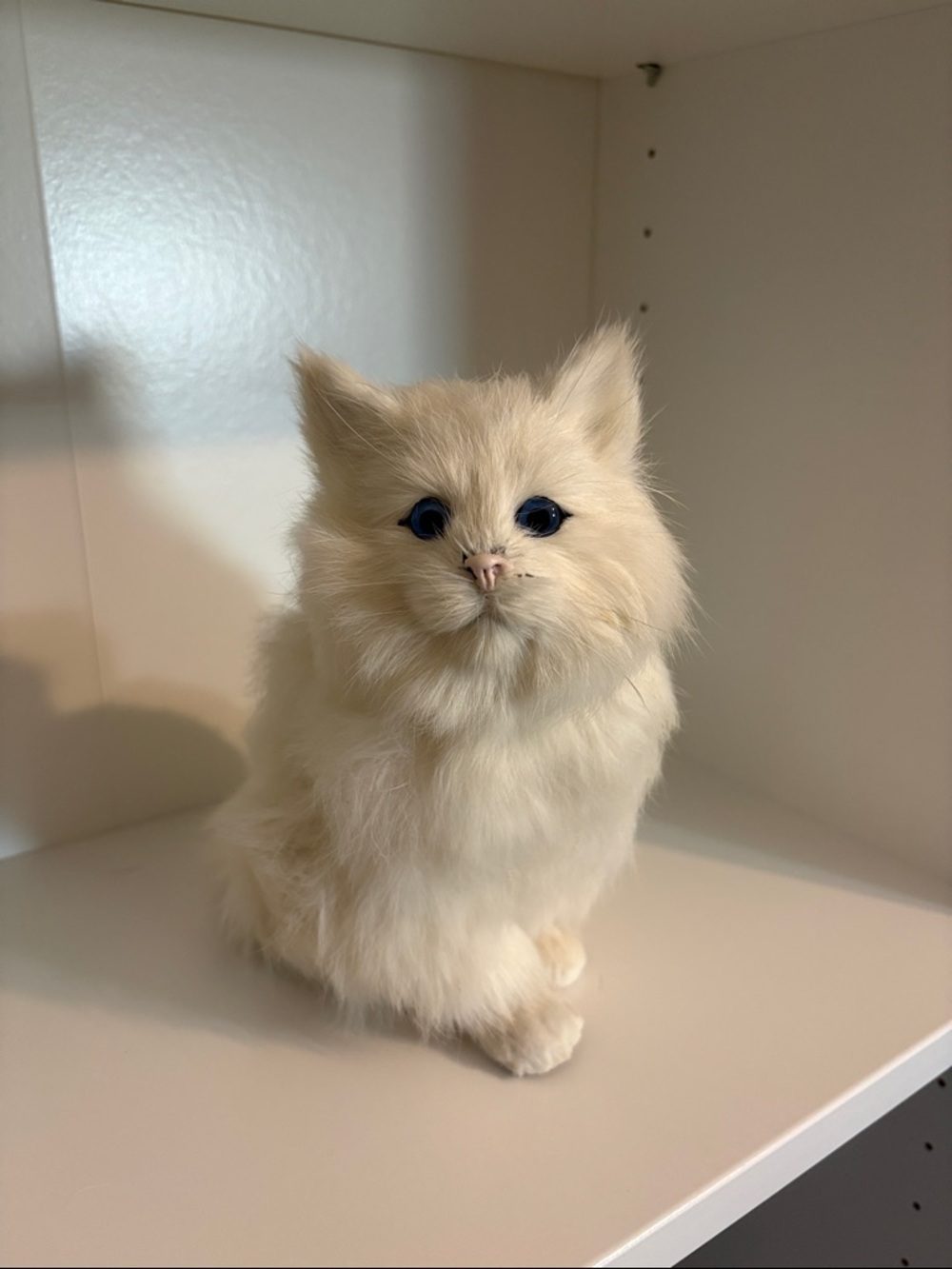 Cream Plush Sitting Cat Figurine with Blue Eyes